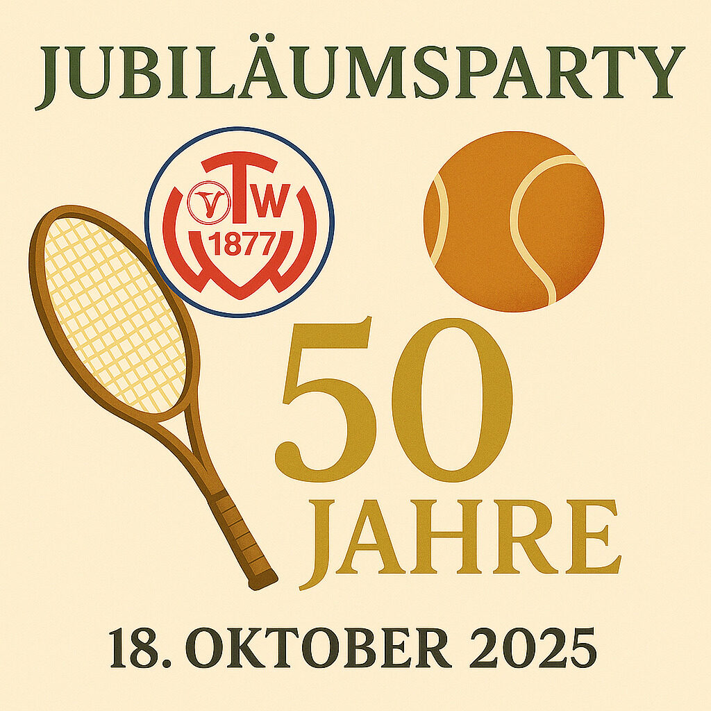 Einladung zum Tennisball 2025 des TV 1877 Waldhof
🎉 50 Jahre Tennisabteilung 🎉

Liebe Mitglieder, liebe Familien, liebe Freunde des Tennissports,

die Tennisabteilung des TV 1877 Waldhof feiert ihr 50-jähriges Bestehen – und das möchten wir gemeinsam mit Euch bei unserem festlichen Tennisball 2025 gebührend feiern!

Freut Euch auf einen stilvollen Abend voller Musik, Tanz, Genuss und guter Gesellschaft:
🥂 Sektempfang zur Begrüßung
🎶 Live-Musik von NEW ROCK ORDER – Rock & Pop für beste Tanzstimmung
🍽 Großes Buffet – kulinarische Vielfalt für jeden Geschmack
🕺💃 Und natürlich: viele tolle Begegnungen und ein unvergesslicher Abend!

📅 Datum: 18.10.2025
📍 Ort: Fred-Hauser-Halle, Boehringer Straße 5, 68307 Mannheim
🕗 Beginn: 18 Uhr – Sektempfang ab 17 Uhr

🎟 Der Kartenverkauf ist ab sofort möglich!
Tickets bekommt Ihr online unter:
👉 eventfrog.de – Tennisball 2025

➡ Also seid schnell und sichert Euch rechtzeitig die besten Plätze!

📞 Bei Fragen könnt Ihr Euch gerne an Björn Bissantz wenden:
📱 0179 7706789
✉ 2.vorsitzender@tv-waldhof.de

Wir freuen uns sehr darauf, dieses besondere Jubiläum gemeinsam mit Euch zu feiern!

Mit herzlichen Grüßen
TV 1877 Waldhof – Abteilung Tennis